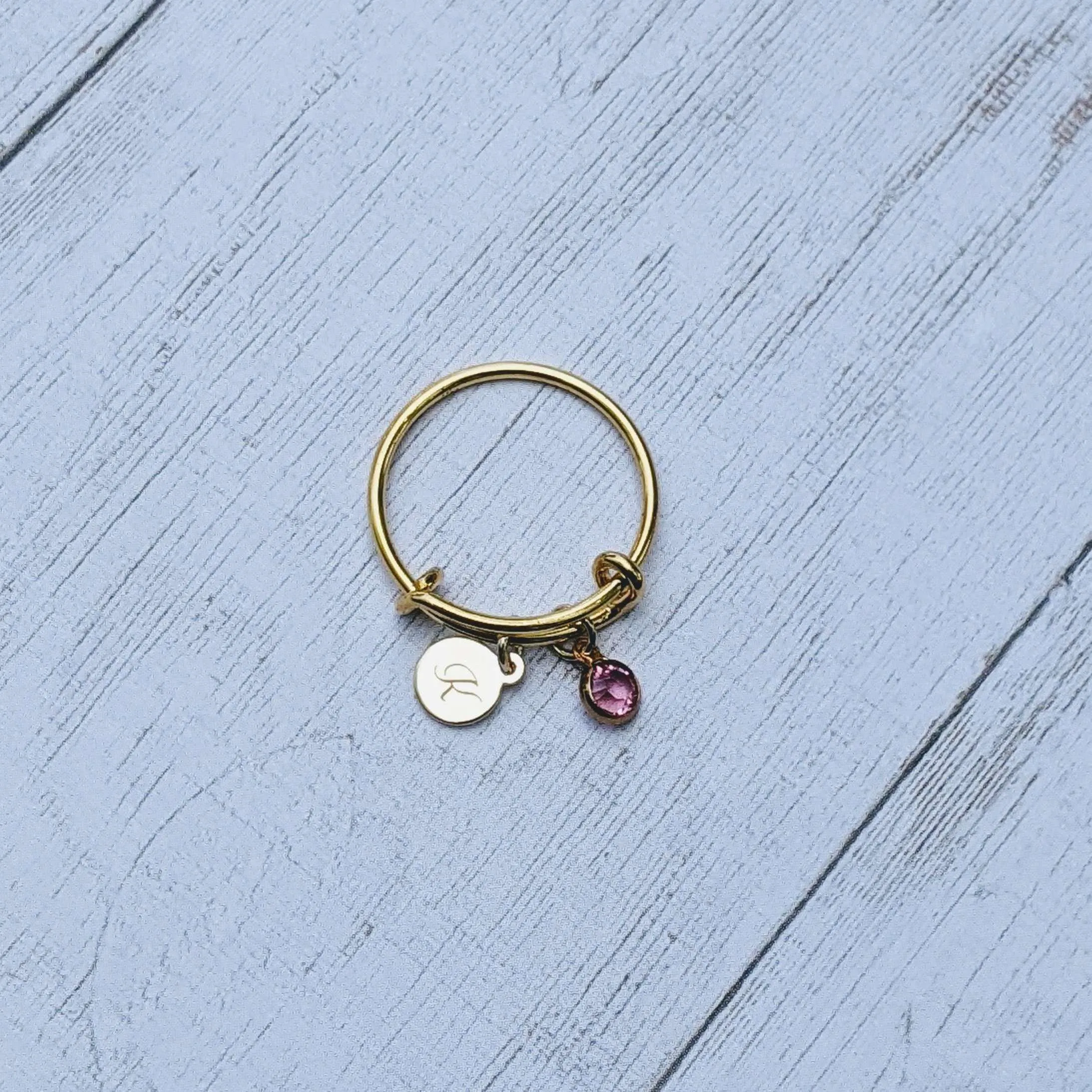 Gold Expandable Initial & Birthstone Charm Ring,Gift for her