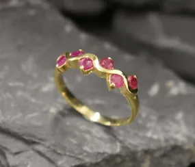 Gold Ruby Ring - Half Eternity Ring - Red Wavy Band