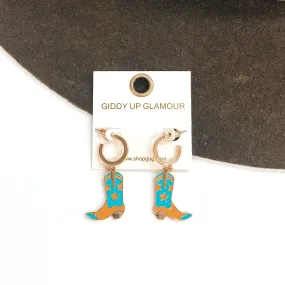 Gold Tone Hoop Huggie Earrings with Hanging Boot Pendant in Turquoise