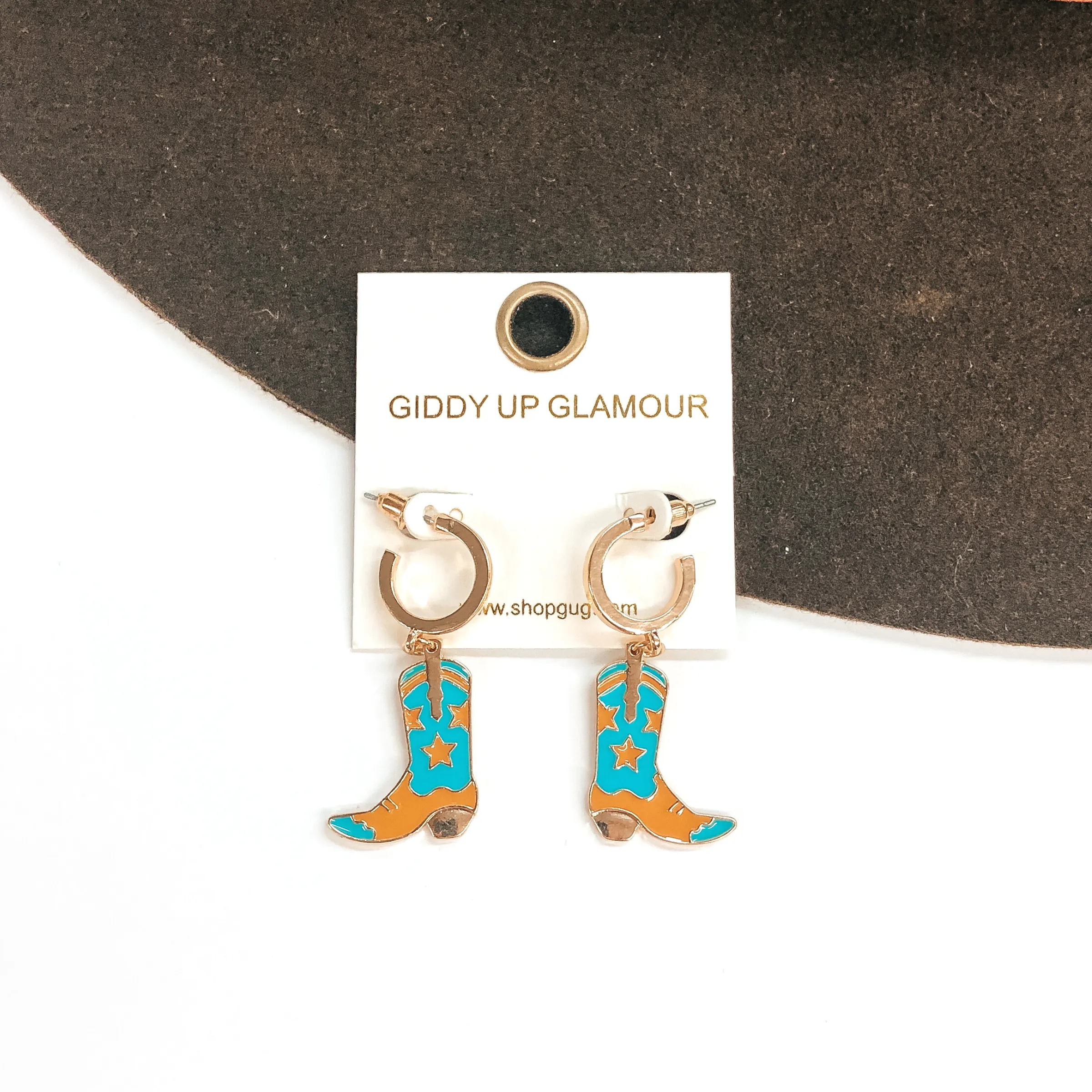 Gold Tone Hoop Huggie Earrings with Hanging Boot Pendant in Turquoise