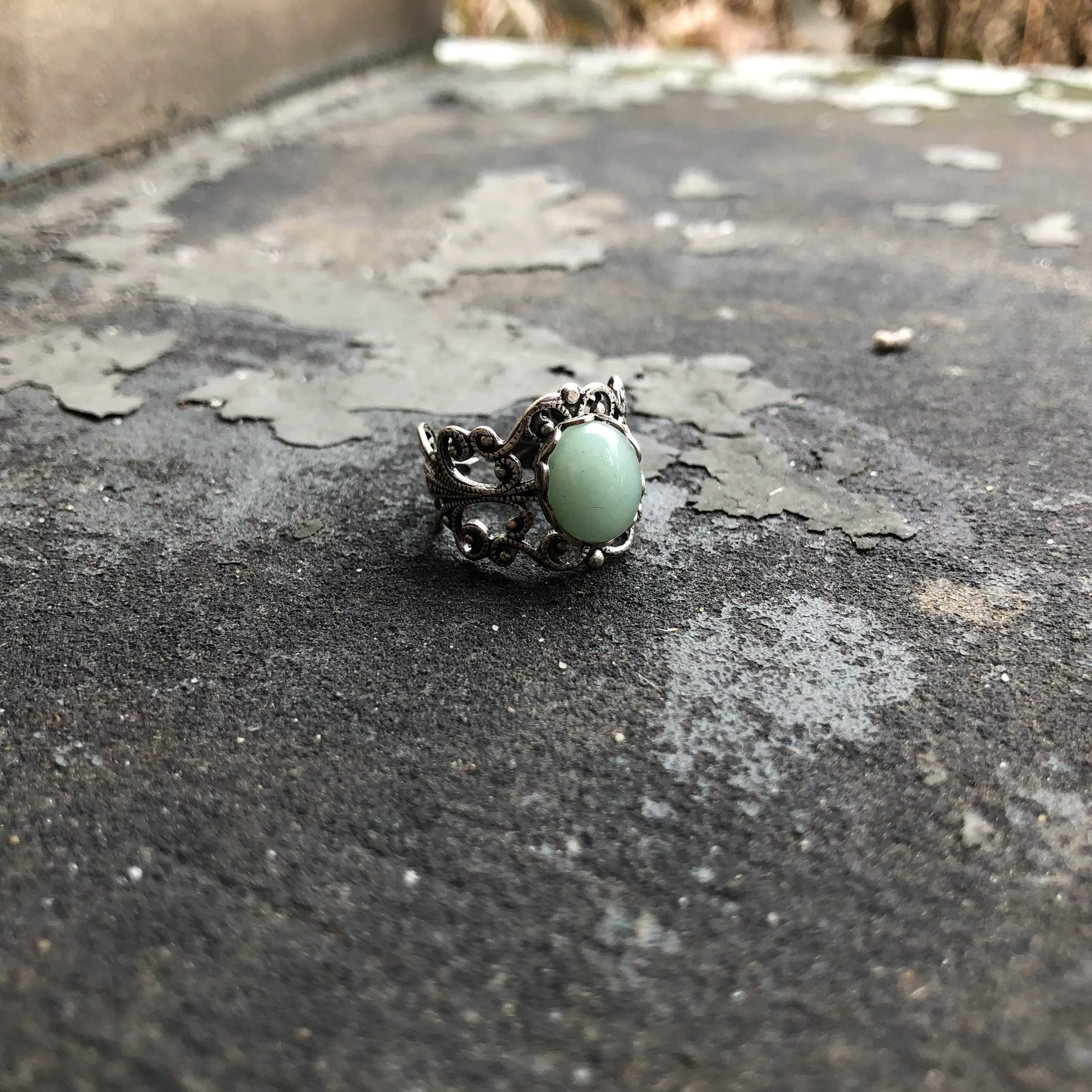 Green Aventurine Oval Stone Filigree Adjustable Ring in Antique Brass or Silver