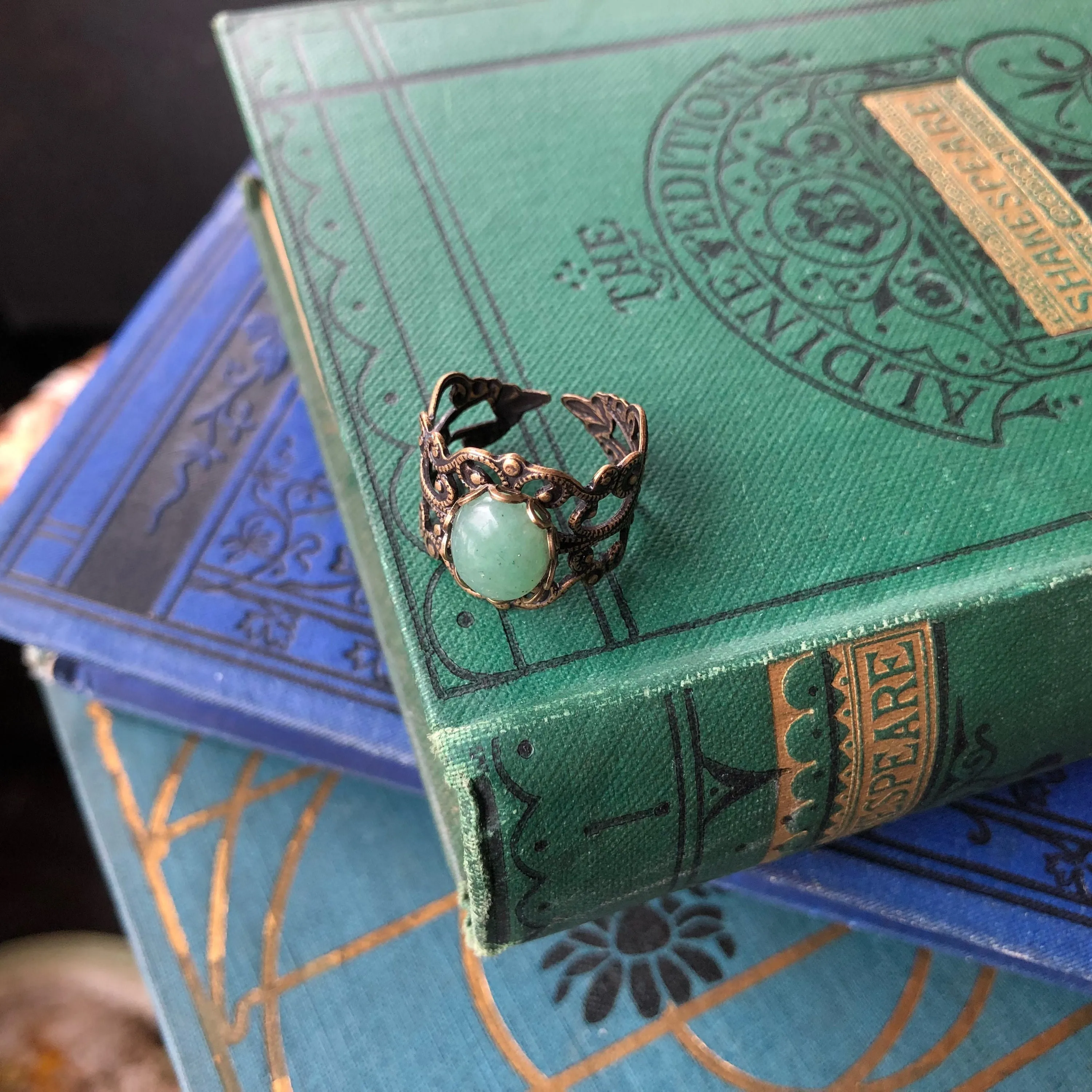 Green Aventurine Oval Stone Filigree Adjustable Ring in Antique Brass or Silver