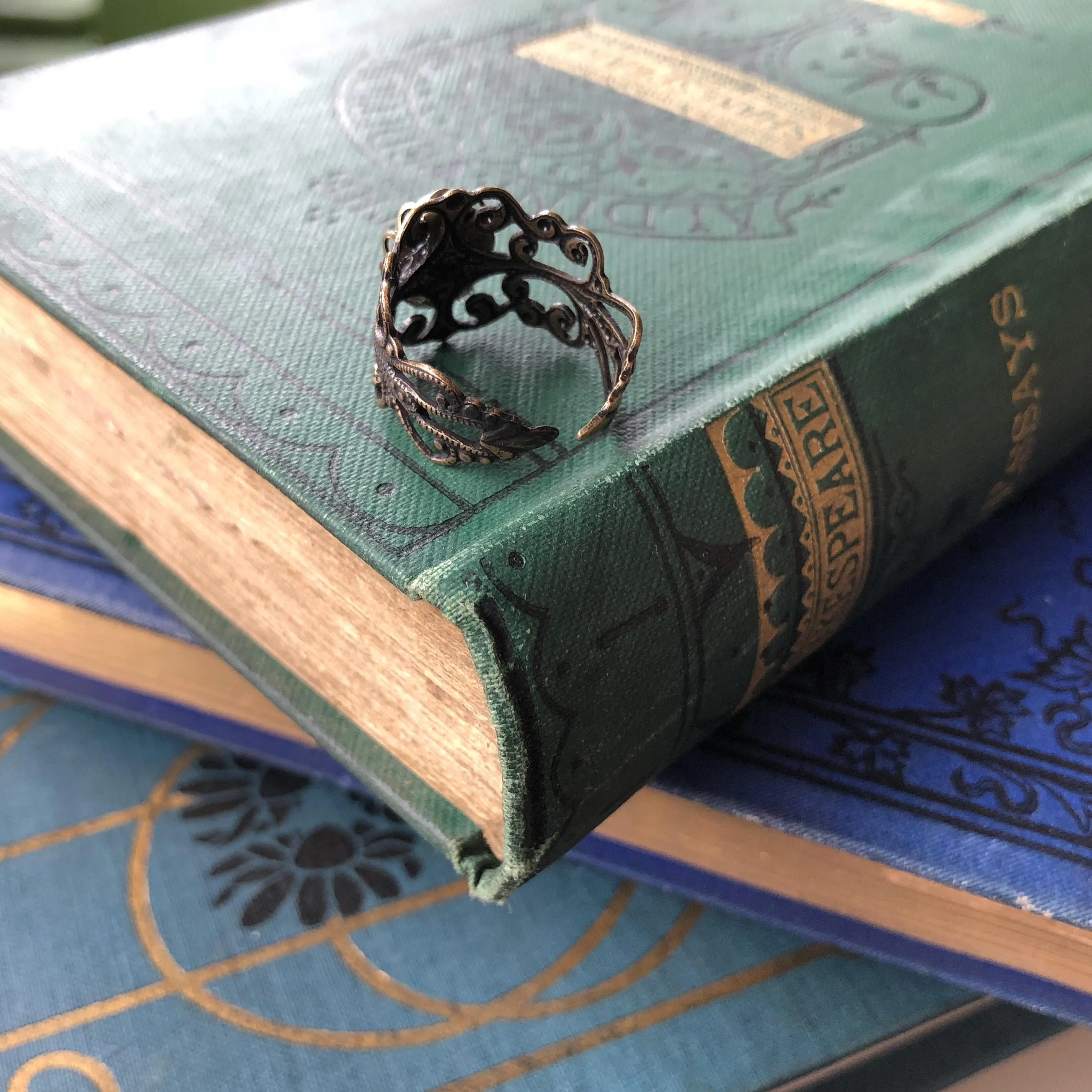 Green Aventurine Oval Stone Filigree Adjustable Ring in Antique Brass or Silver