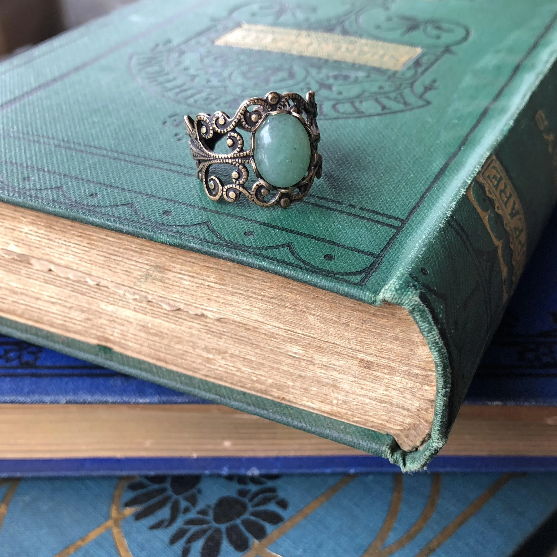 Green Aventurine Oval Stone Filigree Adjustable Ring in Antique Brass or Silver