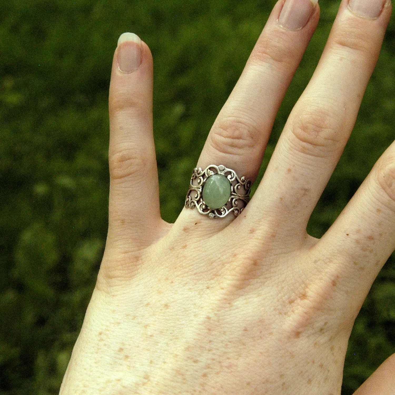 Green Aventurine Oval Stone Filigree Adjustable Ring in Antique Brass or Silver