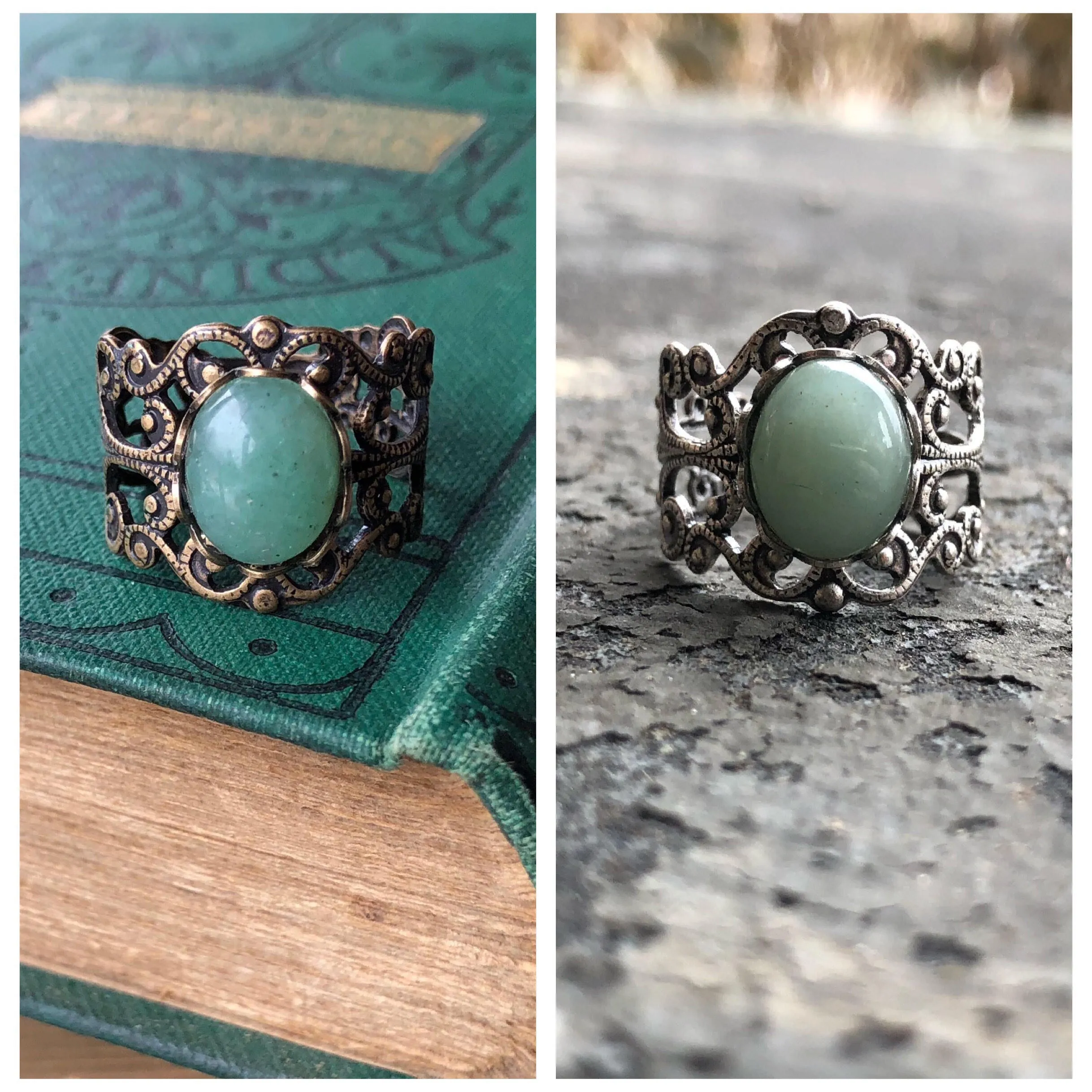 Green Aventurine Oval Stone Filigree Adjustable Ring in Antique Brass or Silver