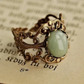 Green Aventurine Oval Stone Filigree Adjustable Ring in Antique Brass or Silver
