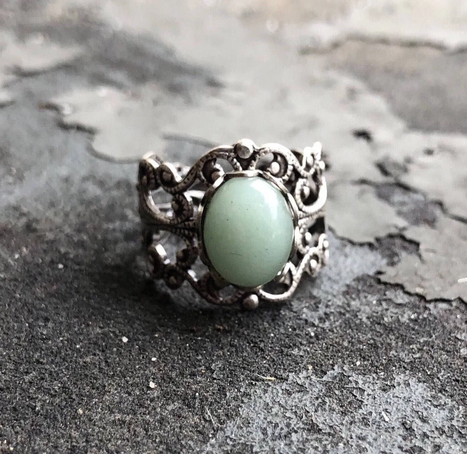 Green Aventurine Oval Stone Filigree Adjustable Ring in Antique Brass or Silver