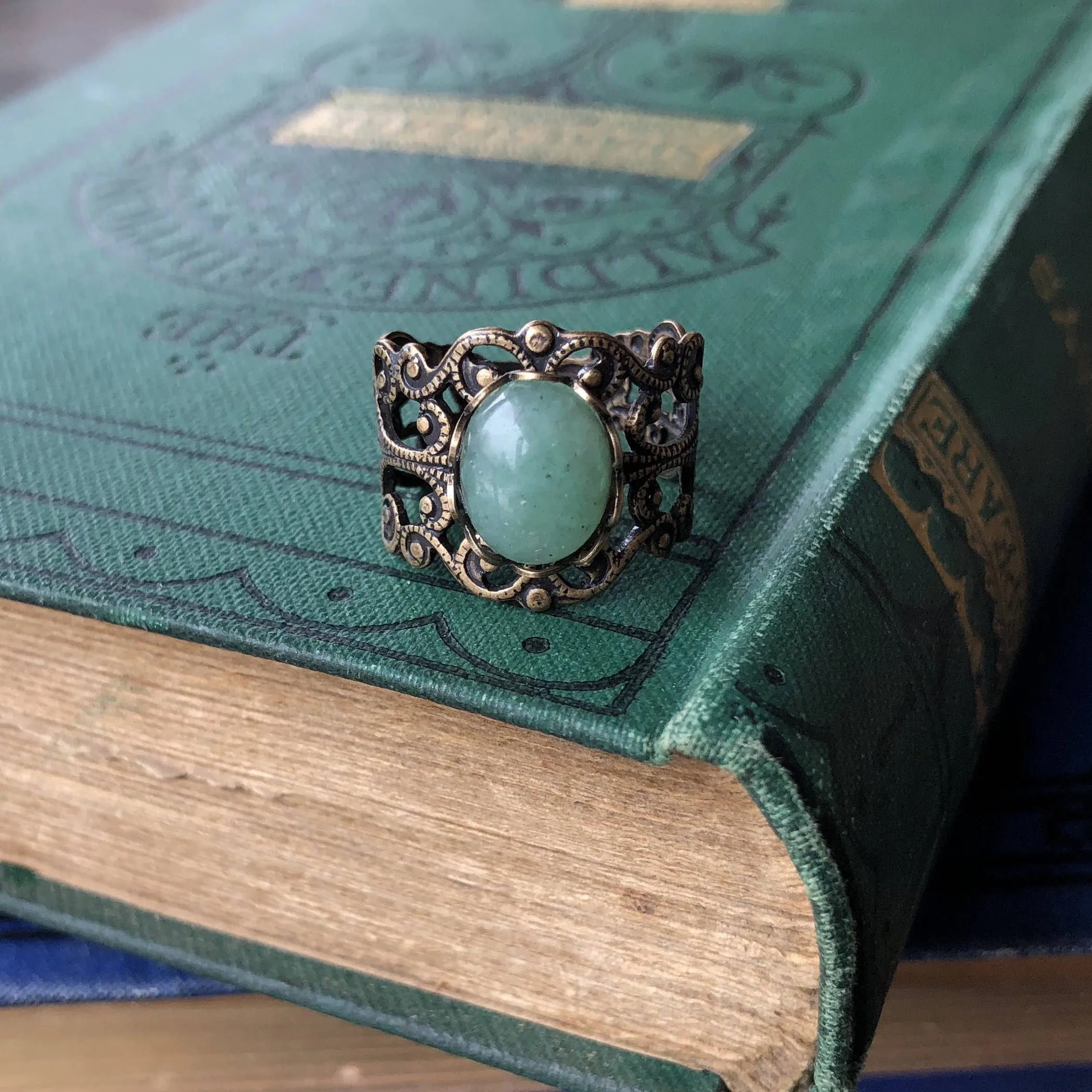 Green Aventurine Oval Stone Filigree Adjustable Ring in Antique Brass or Silver