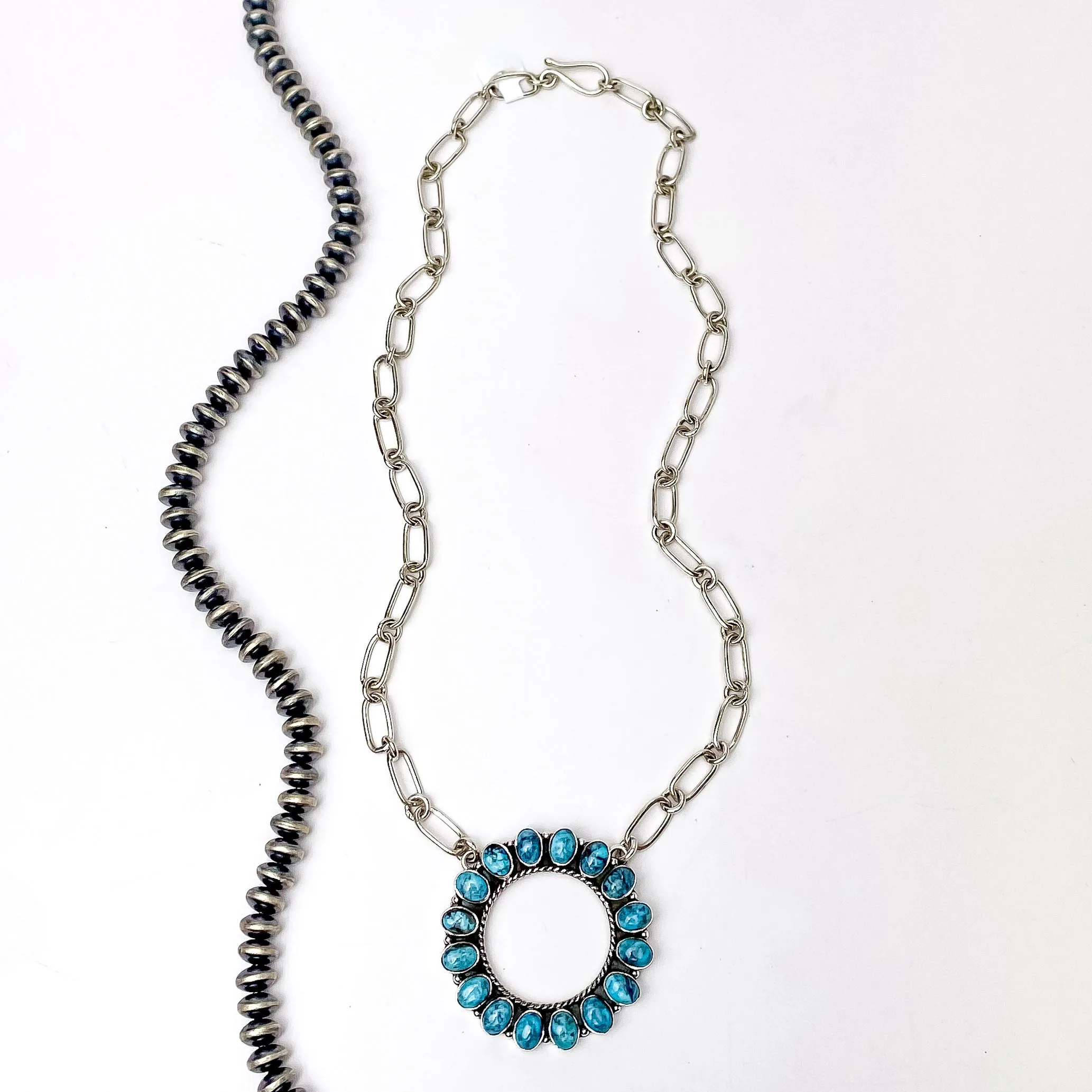 Hada Collection | Handmade Sterling Silver Chain Circle Kingman Turquoise Necklace