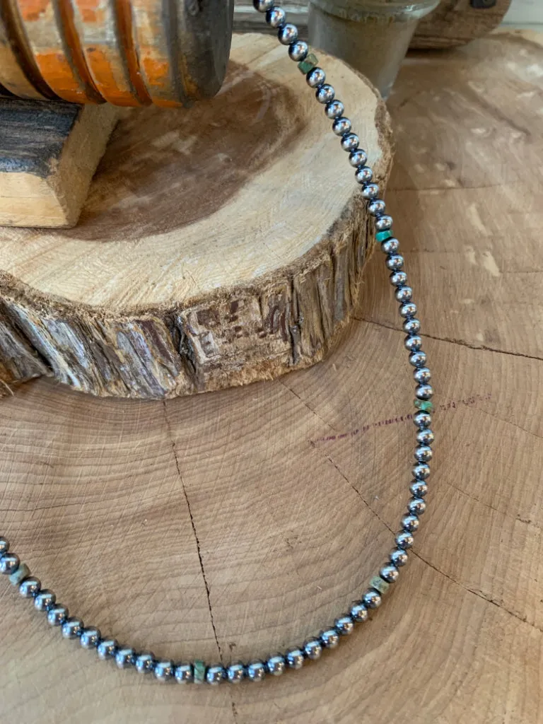 Handmade 4mm Sterling Silver Pearl  & Turquoise Choker Necklace