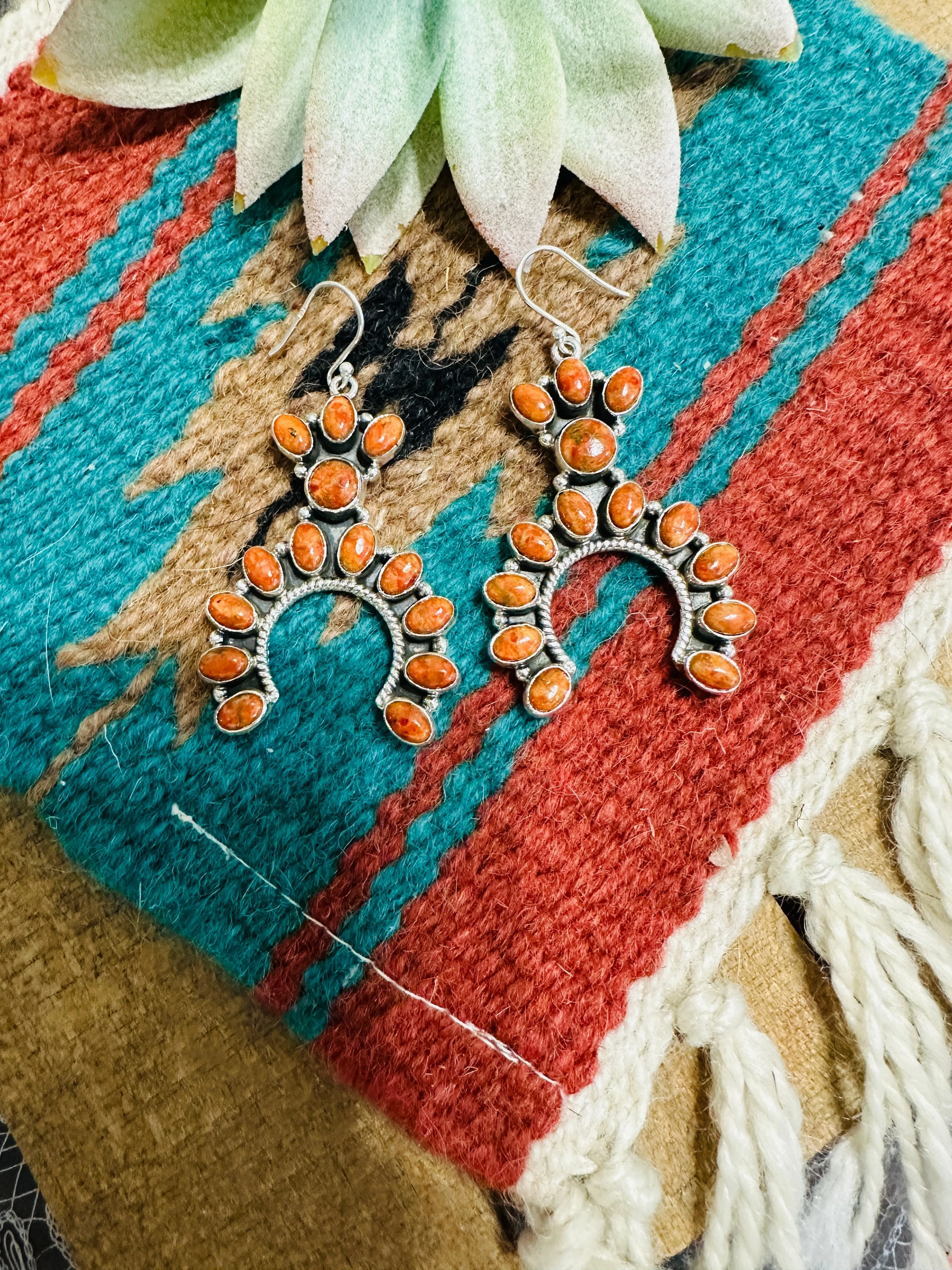 Handmade Apple Coral & Sterling Silver Naja Style Dangle Earrings Signed Nizhoni