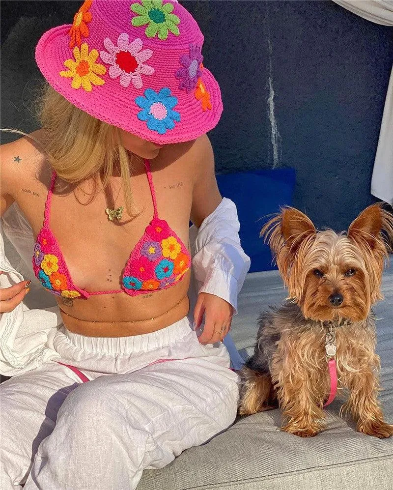 Handmade Retro Floral Knitted Bucket Hat