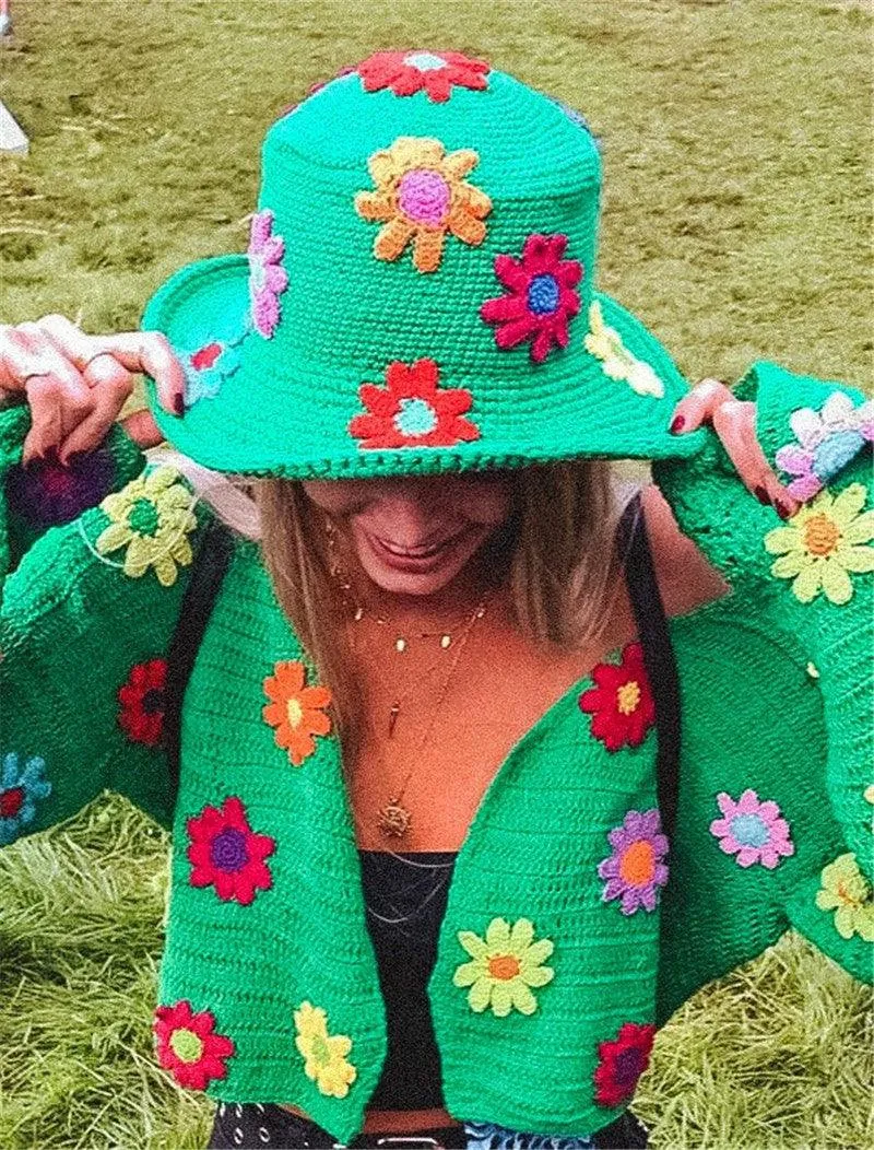 Handmade Retro Floral Knitted Bucket Hat