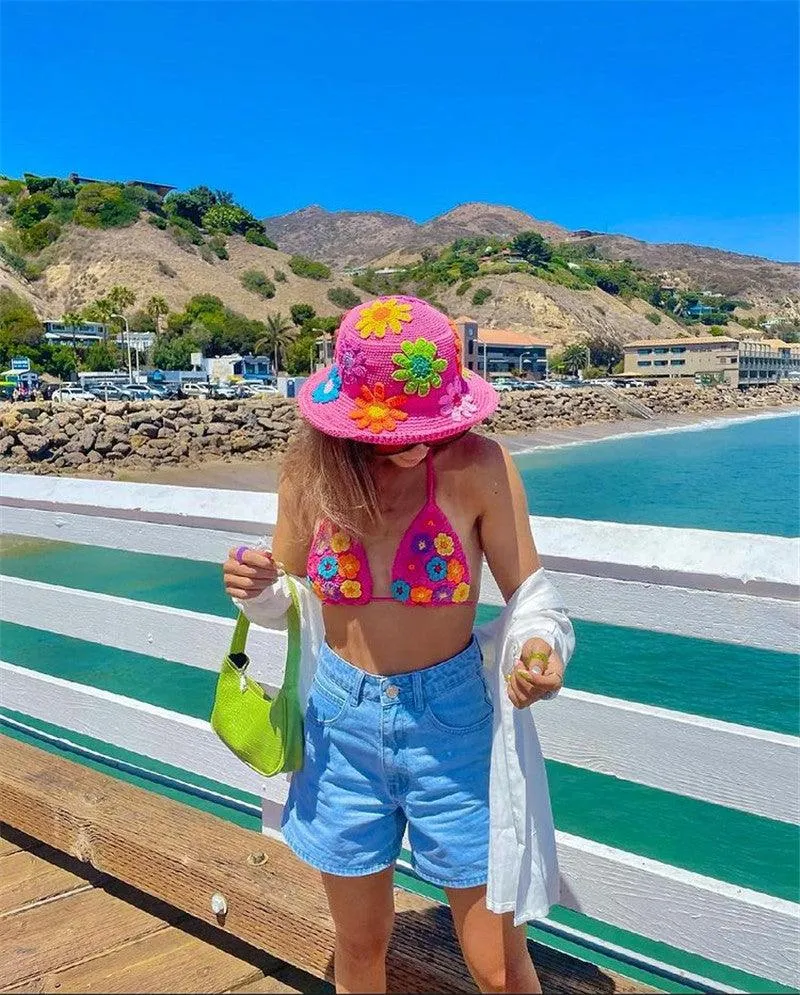Handmade Retro Floral Knitted Bucket Hat