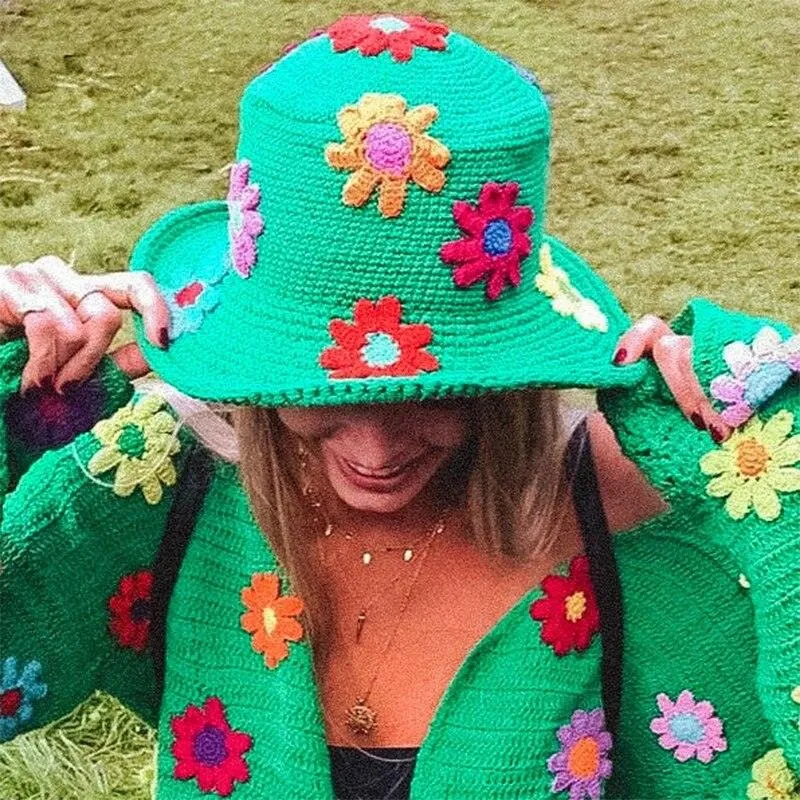 Handmade Retro Floral Knitted Bucket Hat