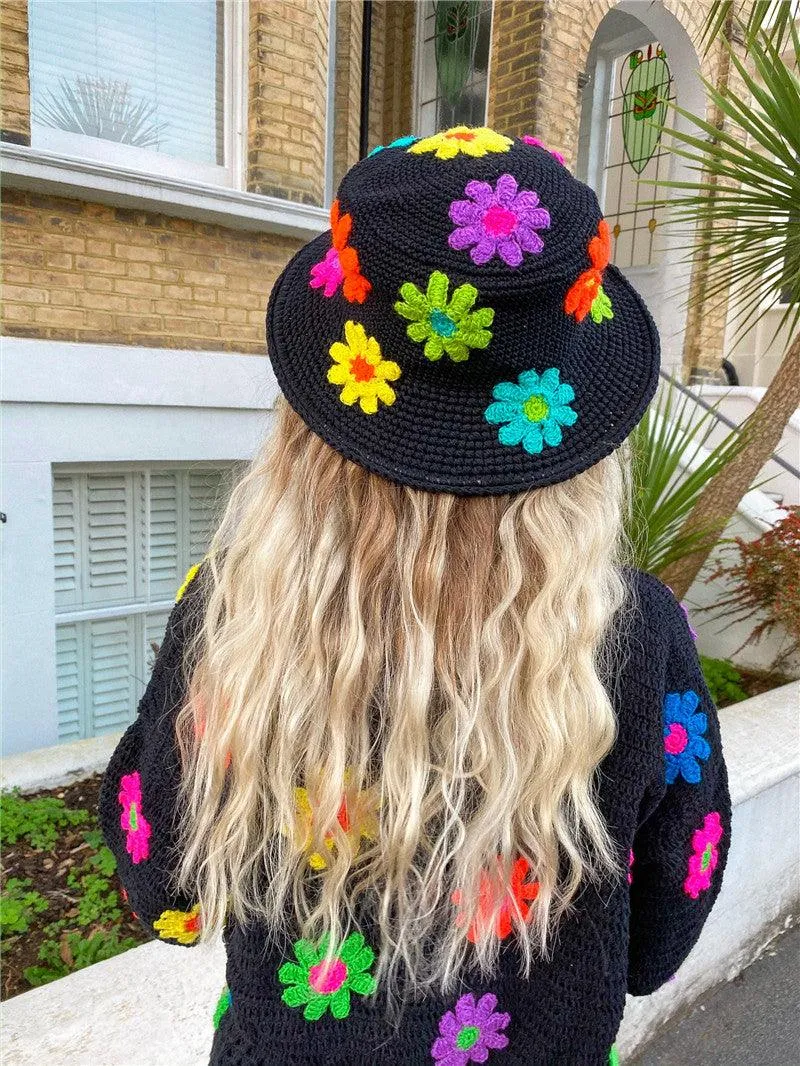 Handmade Retro Floral Knitted Bucket Hat