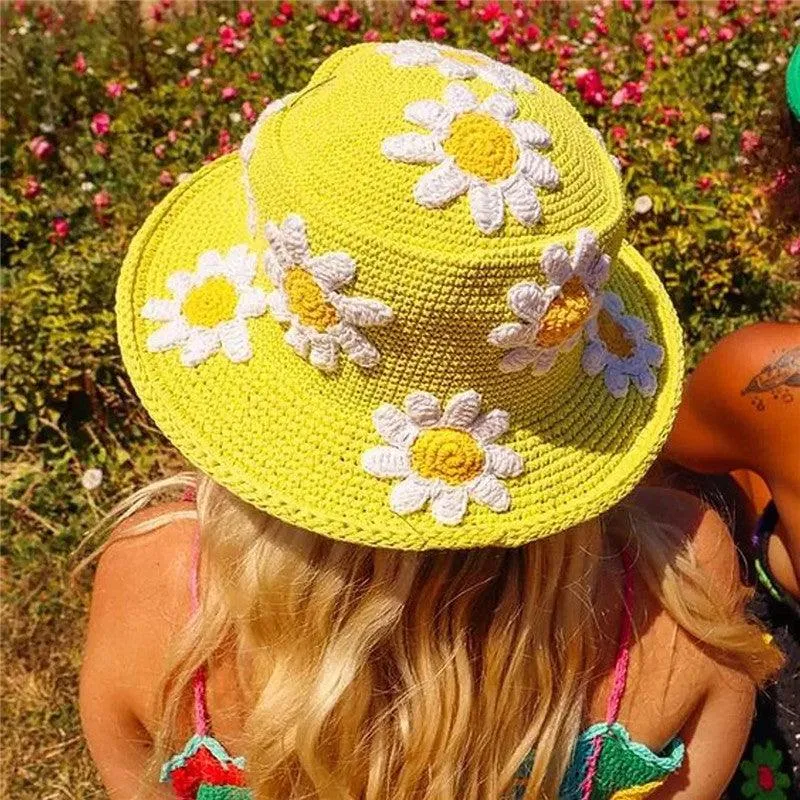 Handmade Retro Floral Knitted Bucket Hat