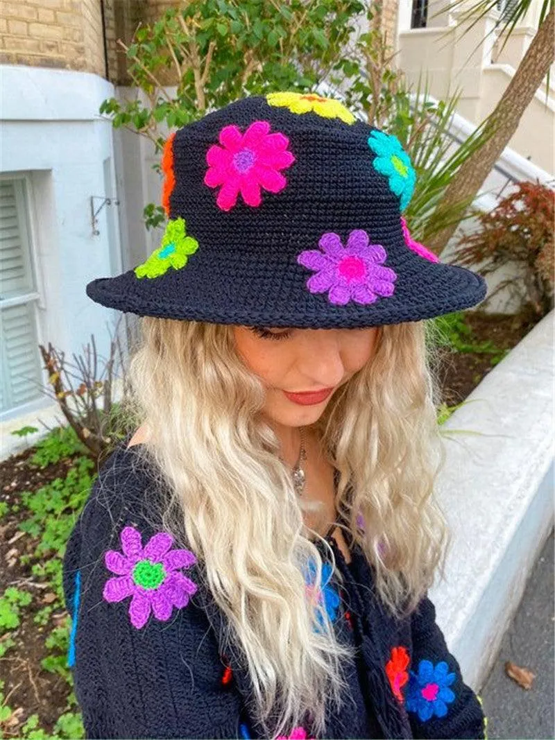 Handmade Retro Floral Knitted Bucket Hat