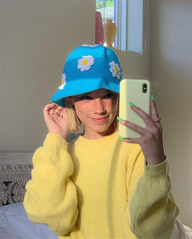 Handmade Retro Floral Knitted Bucket Hat