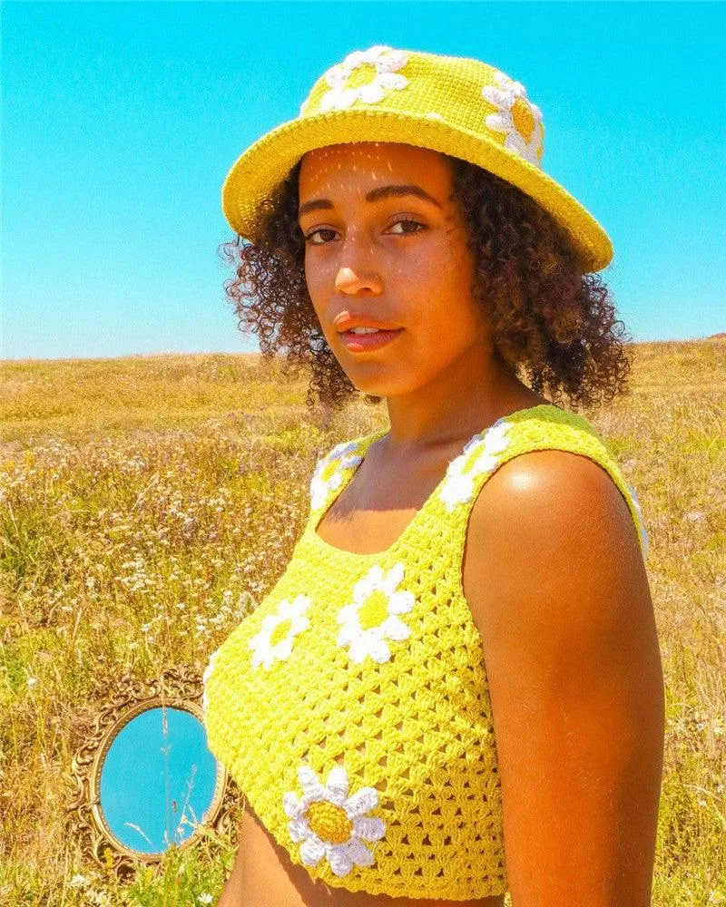 Handmade Retro Floral Knitted Bucket Hat