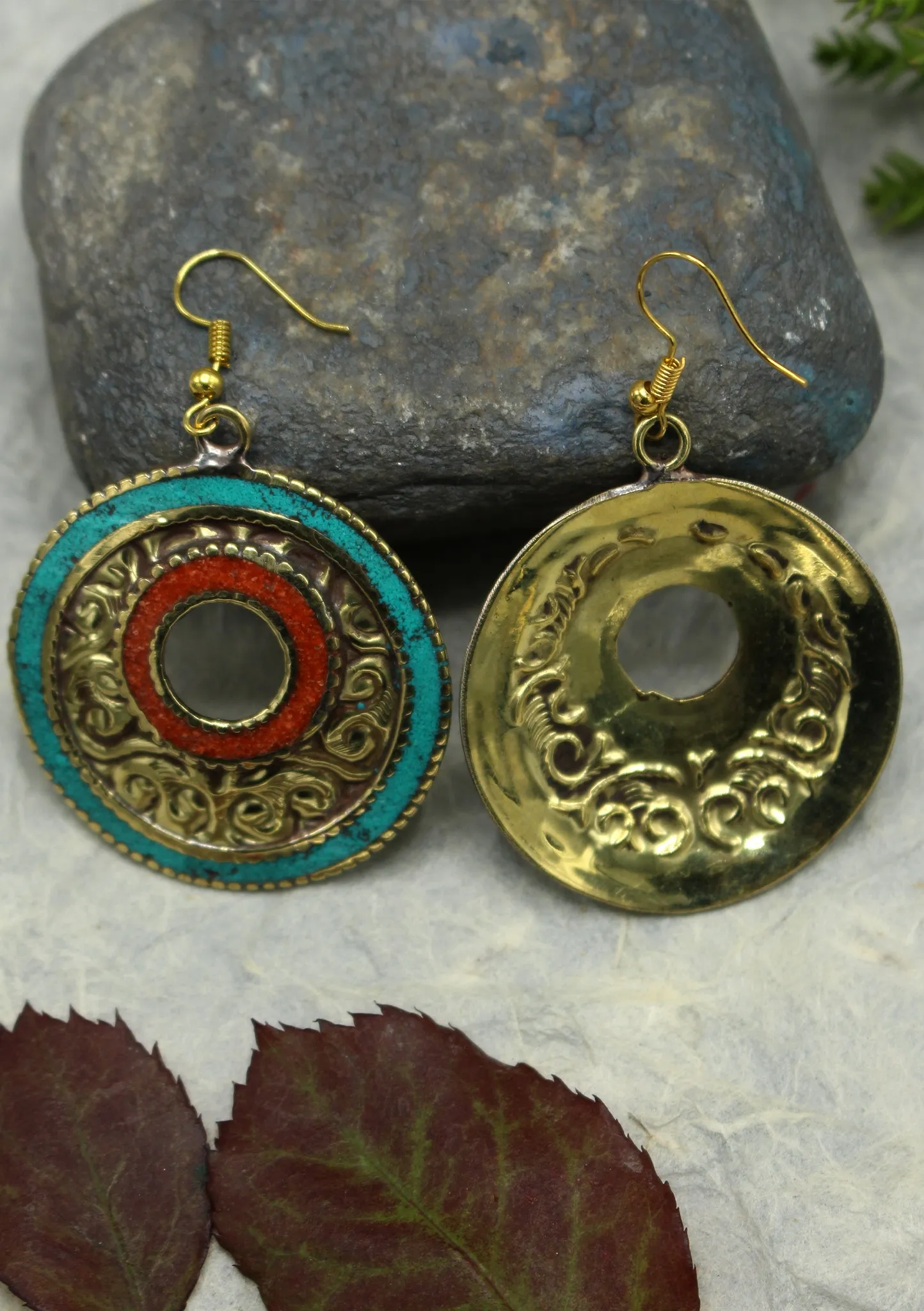 Handmade Round Turquoise and Coral Resin Inlaid Mirr Hook Earrings