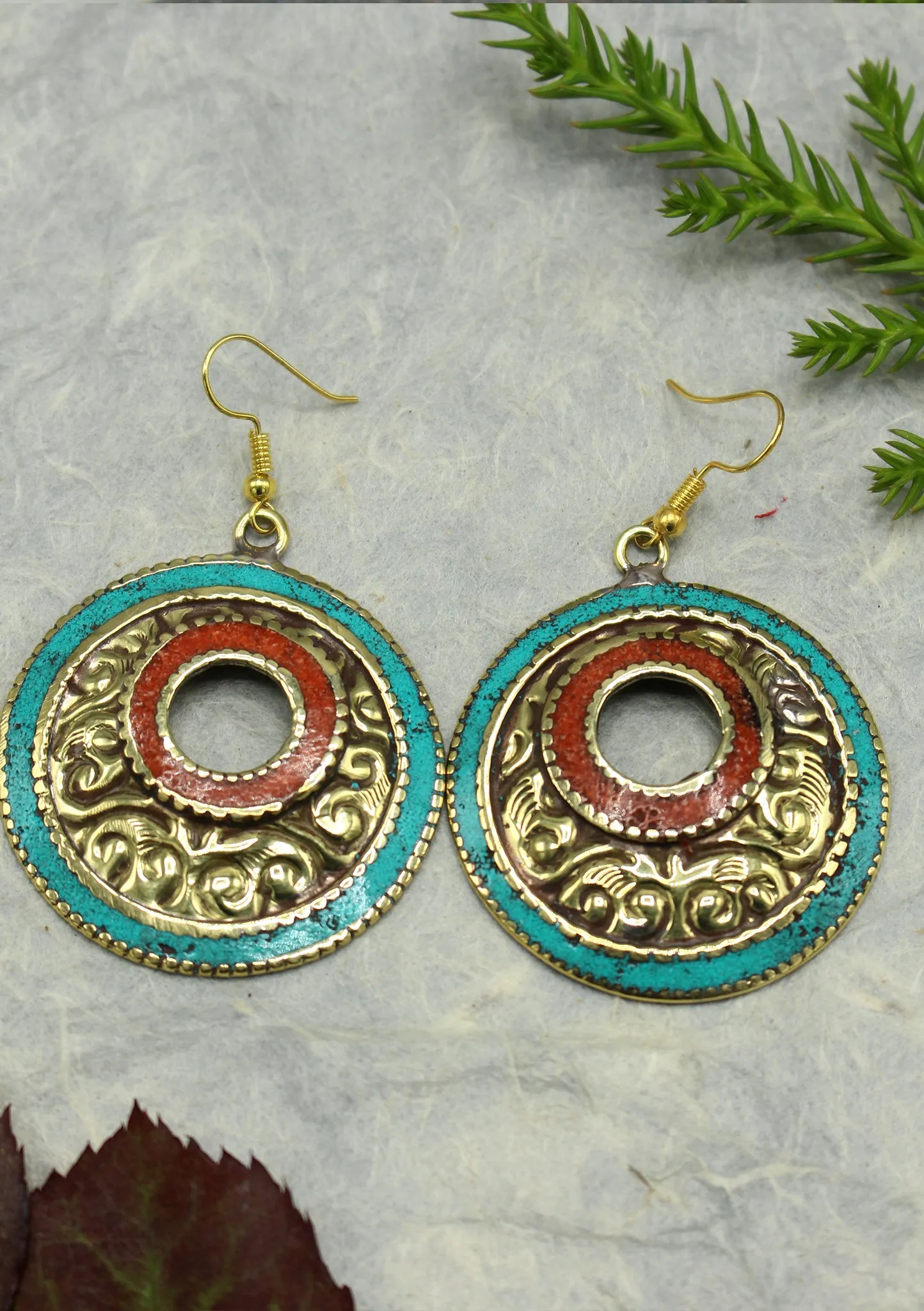Handmade Round Turquoise and Coral Resin Inlaid Mirr Hook Earrings