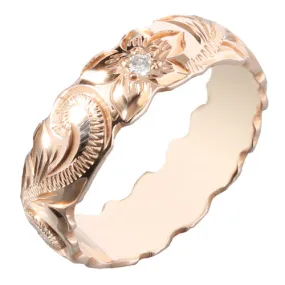 Hawaiian Scroll Engraving with Diamond Inlay Cut Out Edge Ring Heavy Weight 6mm