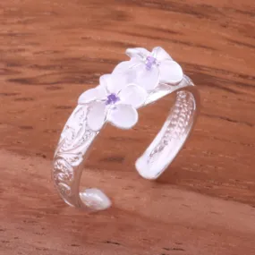 Hawaiian Scroll Two 6mm Plumeria with Purple CZ Smooth Edge Toe Ring