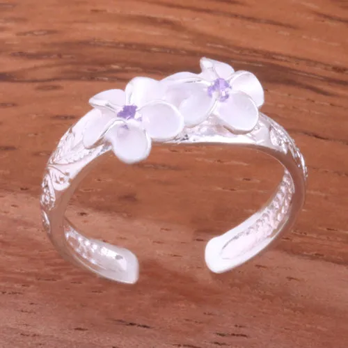 Hawaiian Scroll Two 6mm Plumeria with Purple CZ Smooth Edge Toe Ring