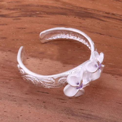 Hawaiian Scroll Two 6mm Plumeria with Purple CZ Smooth Edge Toe Ring