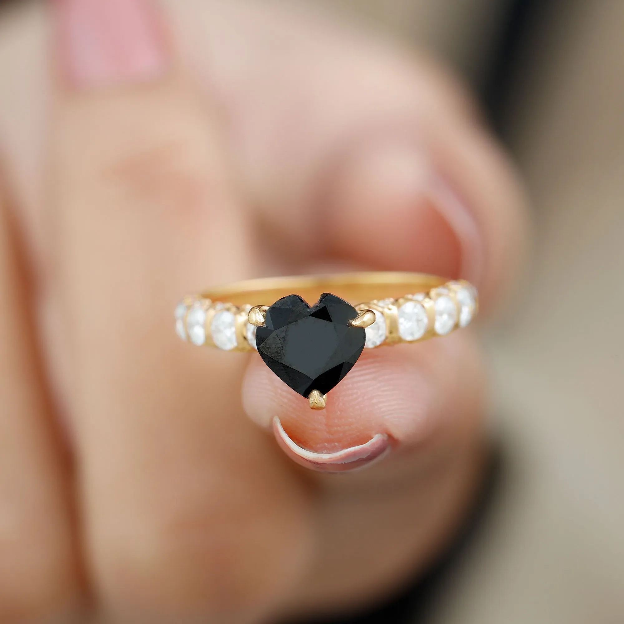 Heart Shape Black Spinel Solitaire Engagement Ring with Diamond