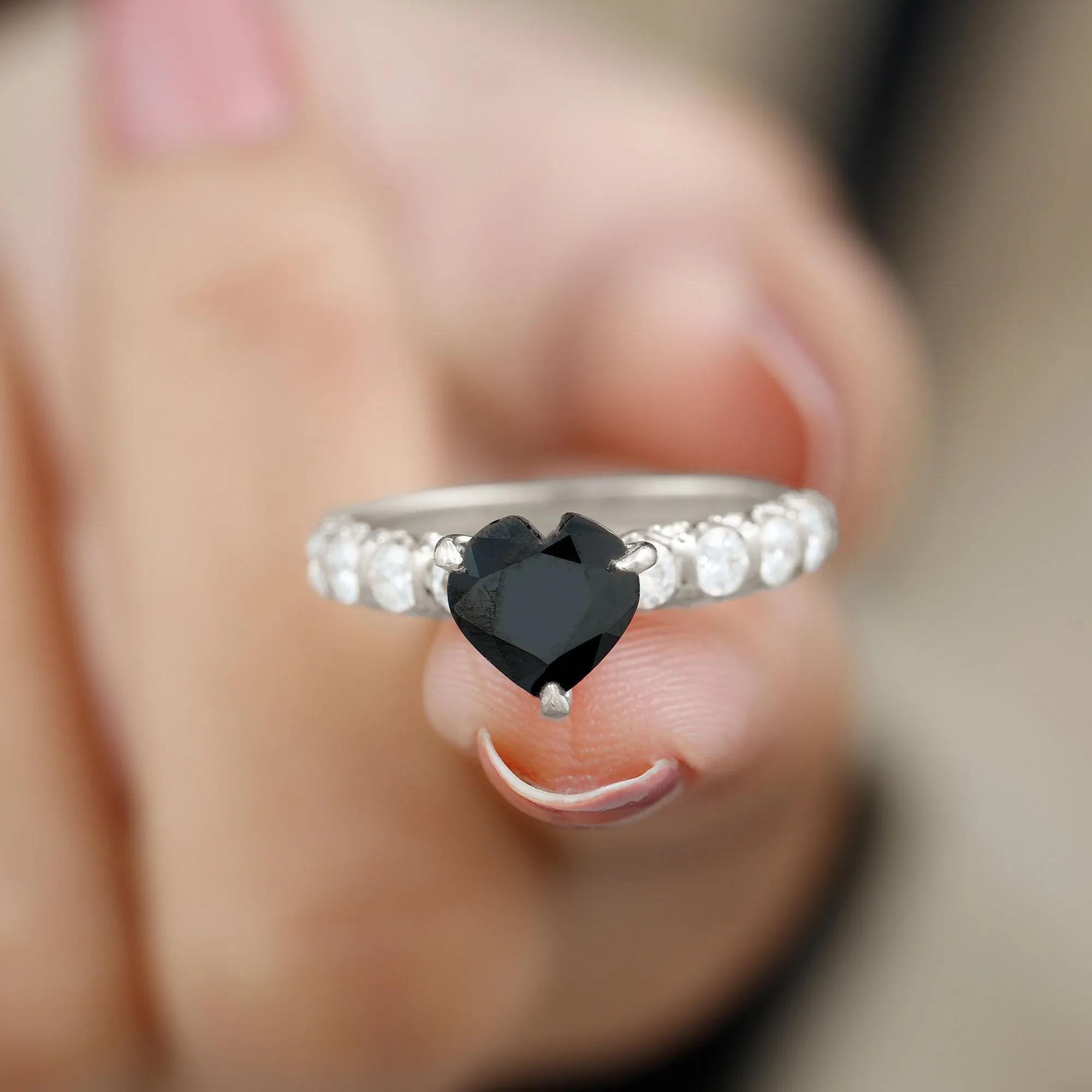 Heart Shape Black Spinel Solitaire Engagement Ring with Diamond