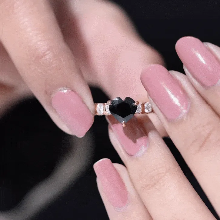 Heart Shape Black Spinel Solitaire Engagement Ring with Diamond