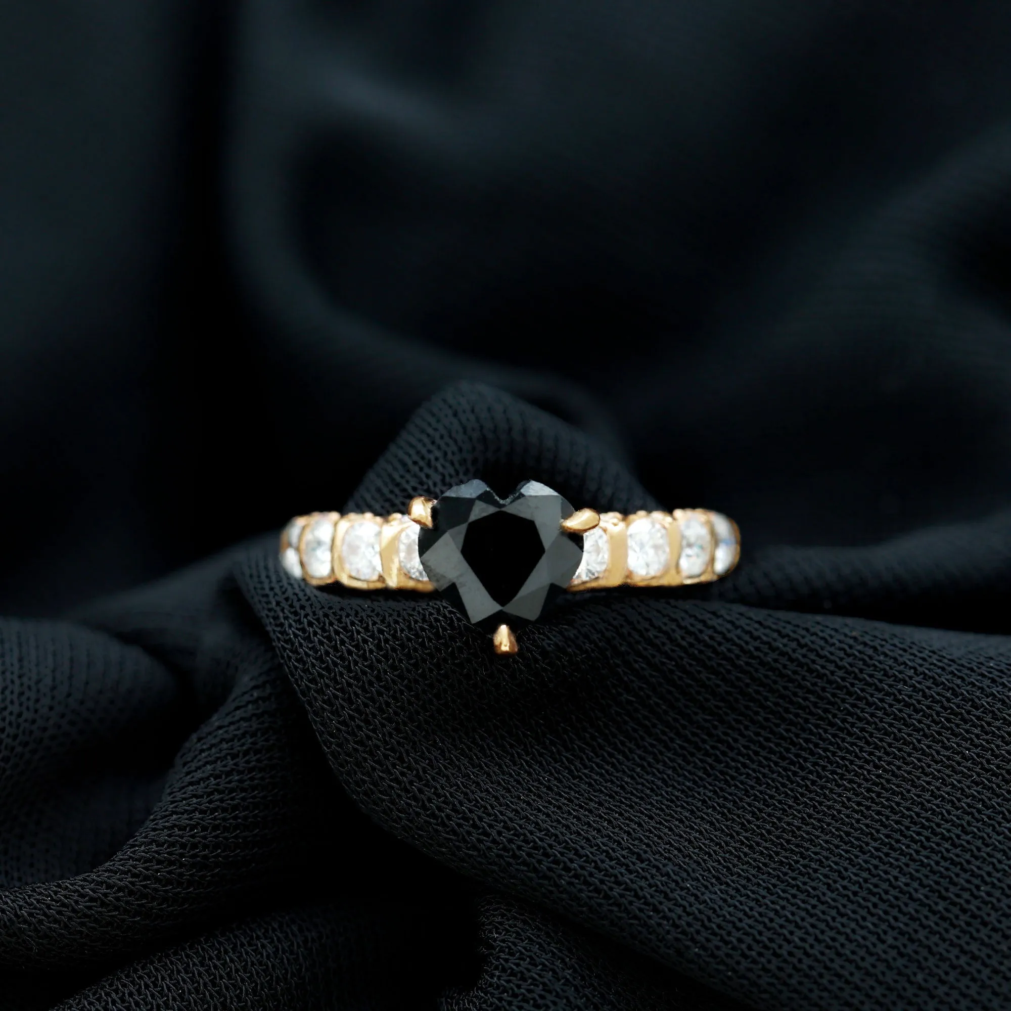 Heart Shape Black Spinel Solitaire Engagement Ring with Diamond