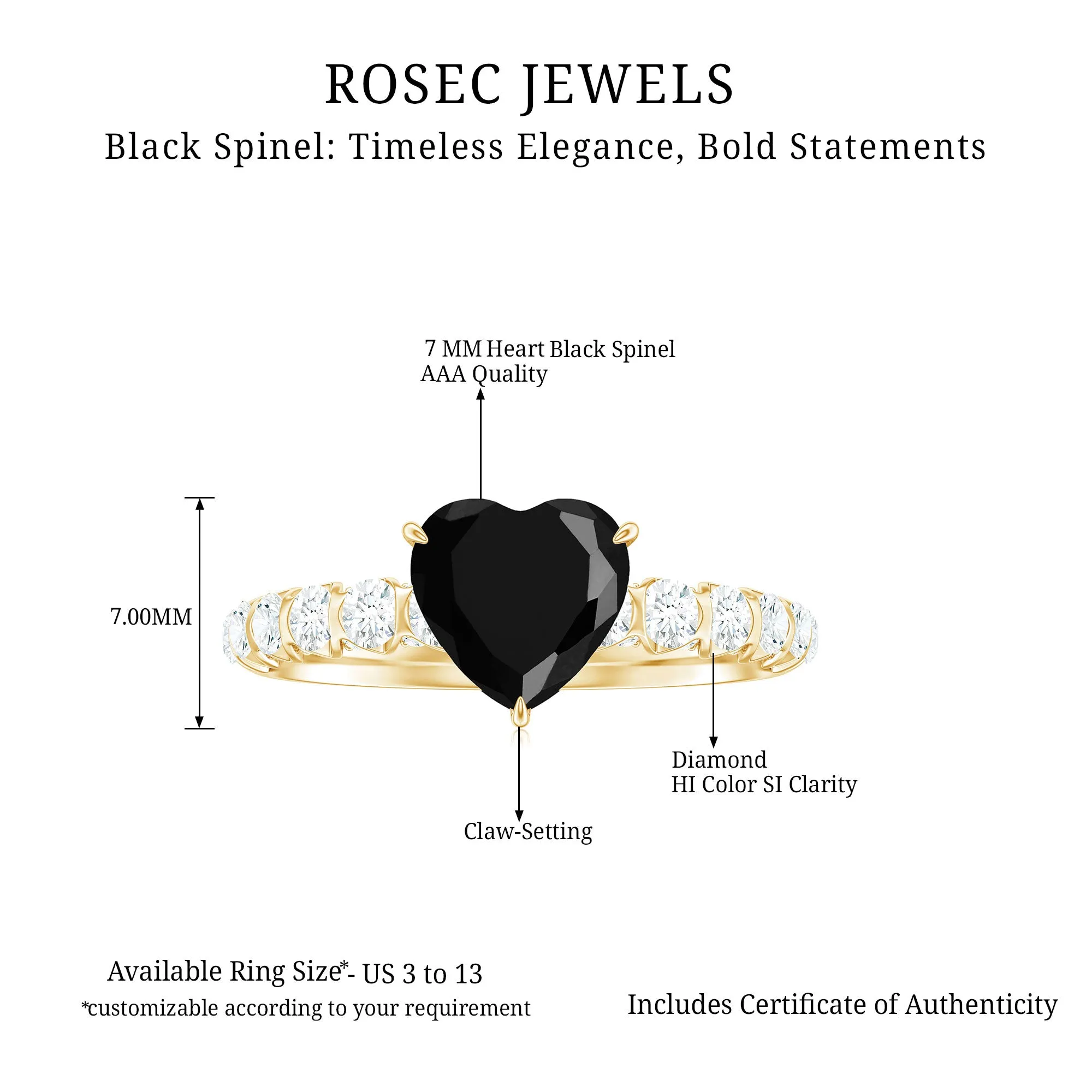 Heart Shape Black Spinel Solitaire Engagement Ring with Diamond
