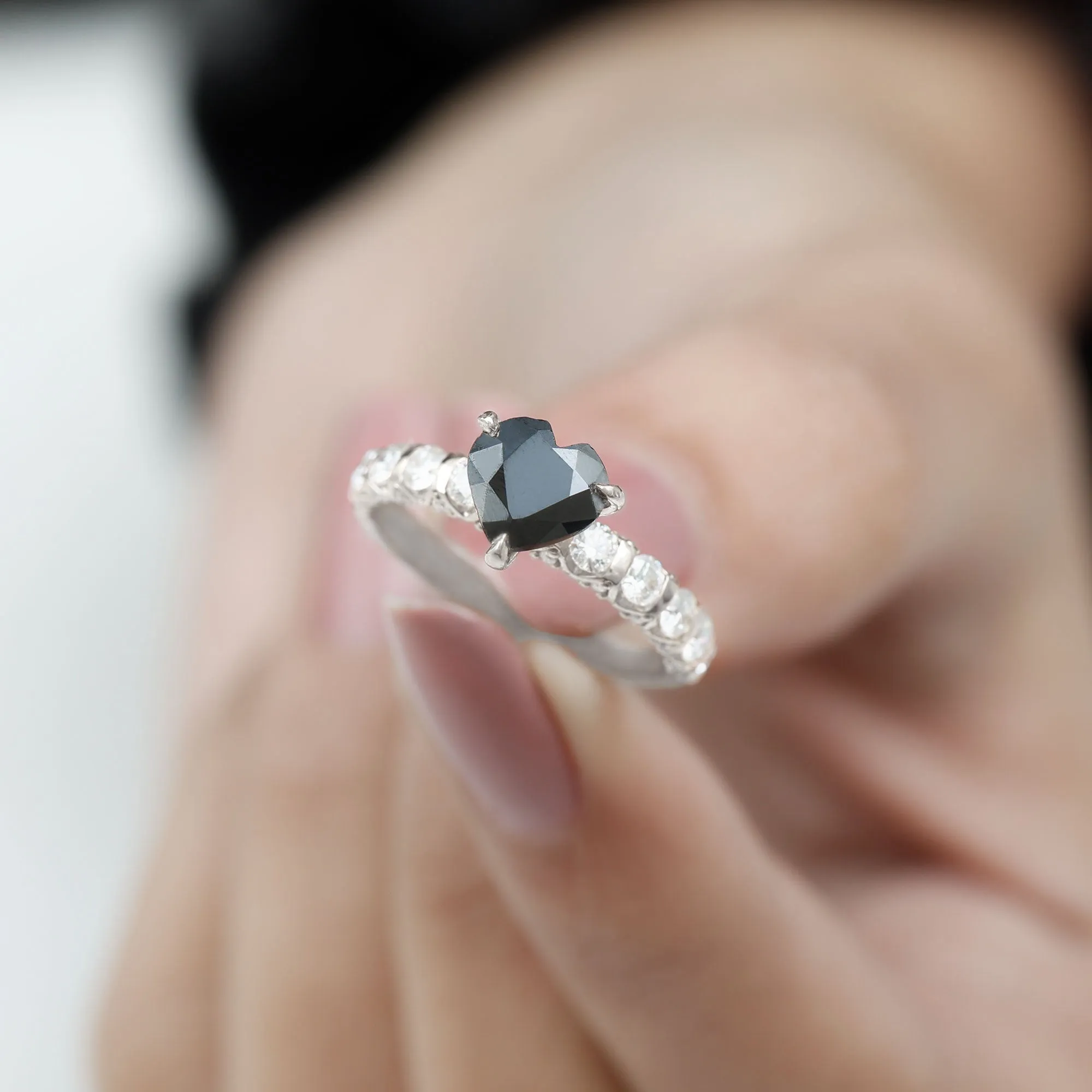 Heart Shape Black Spinel Solitaire Engagement Ring with Diamond