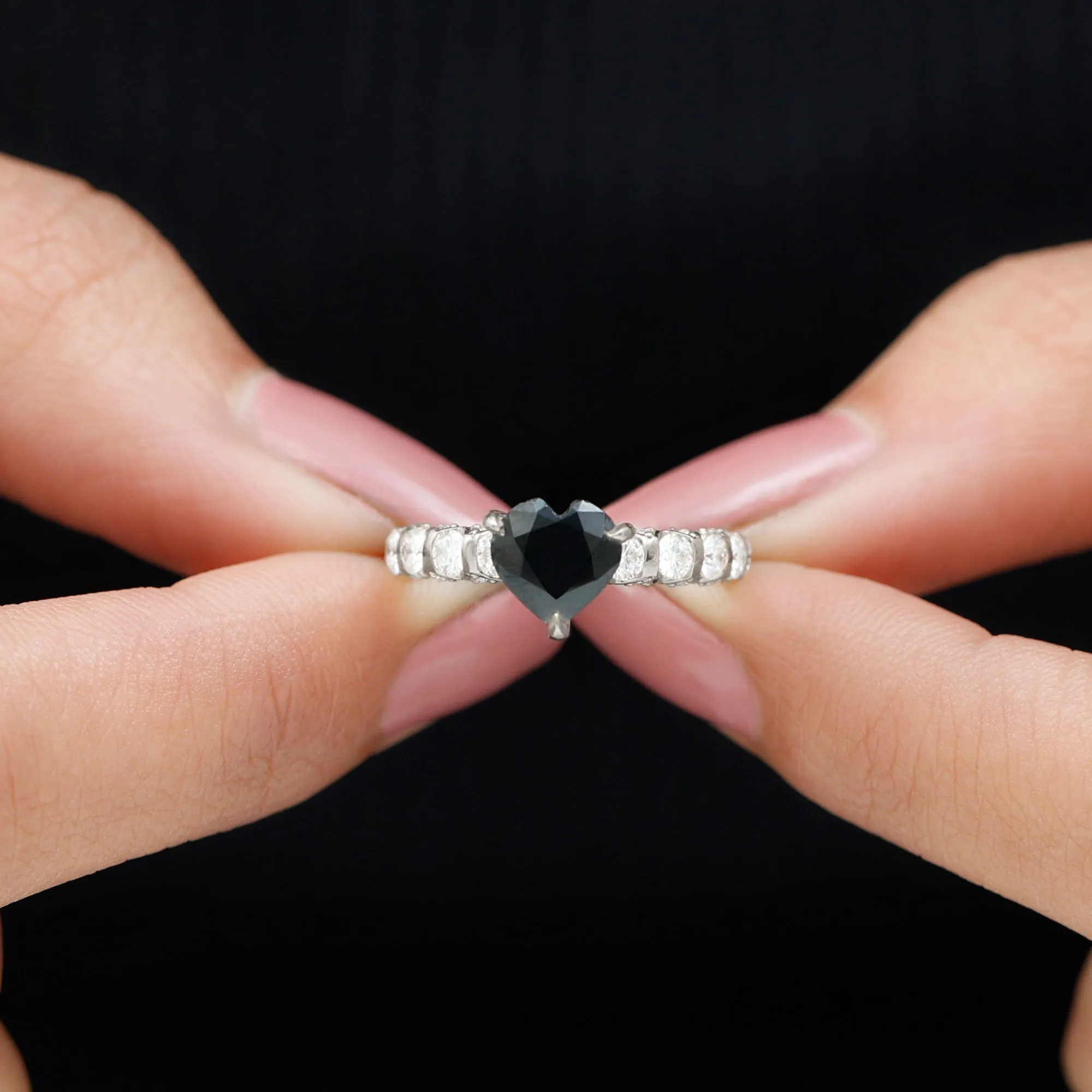 Heart Shape Black Spinel Solitaire Engagement Ring with Diamond