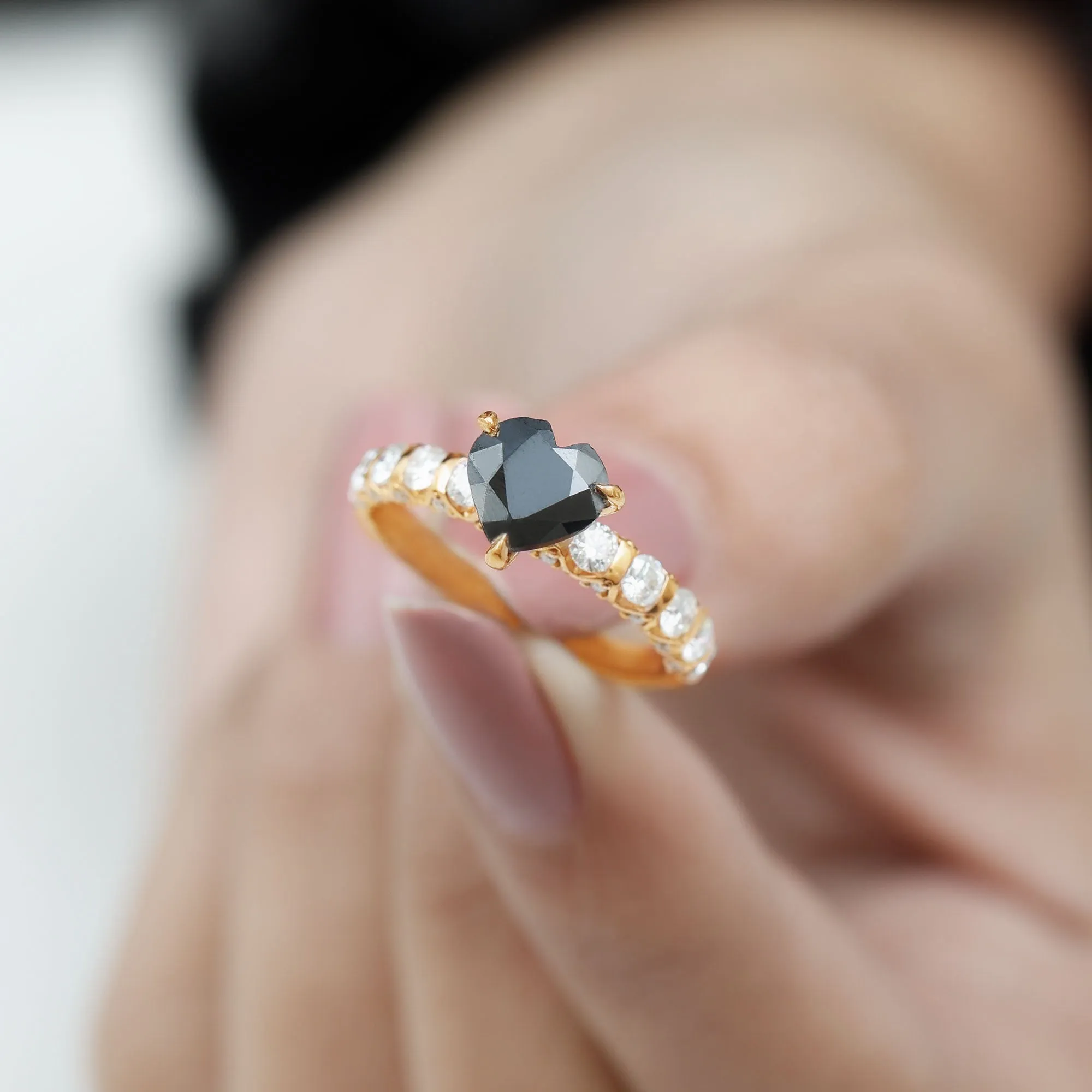 Heart Shape Black Spinel Solitaire Engagement Ring with Diamond