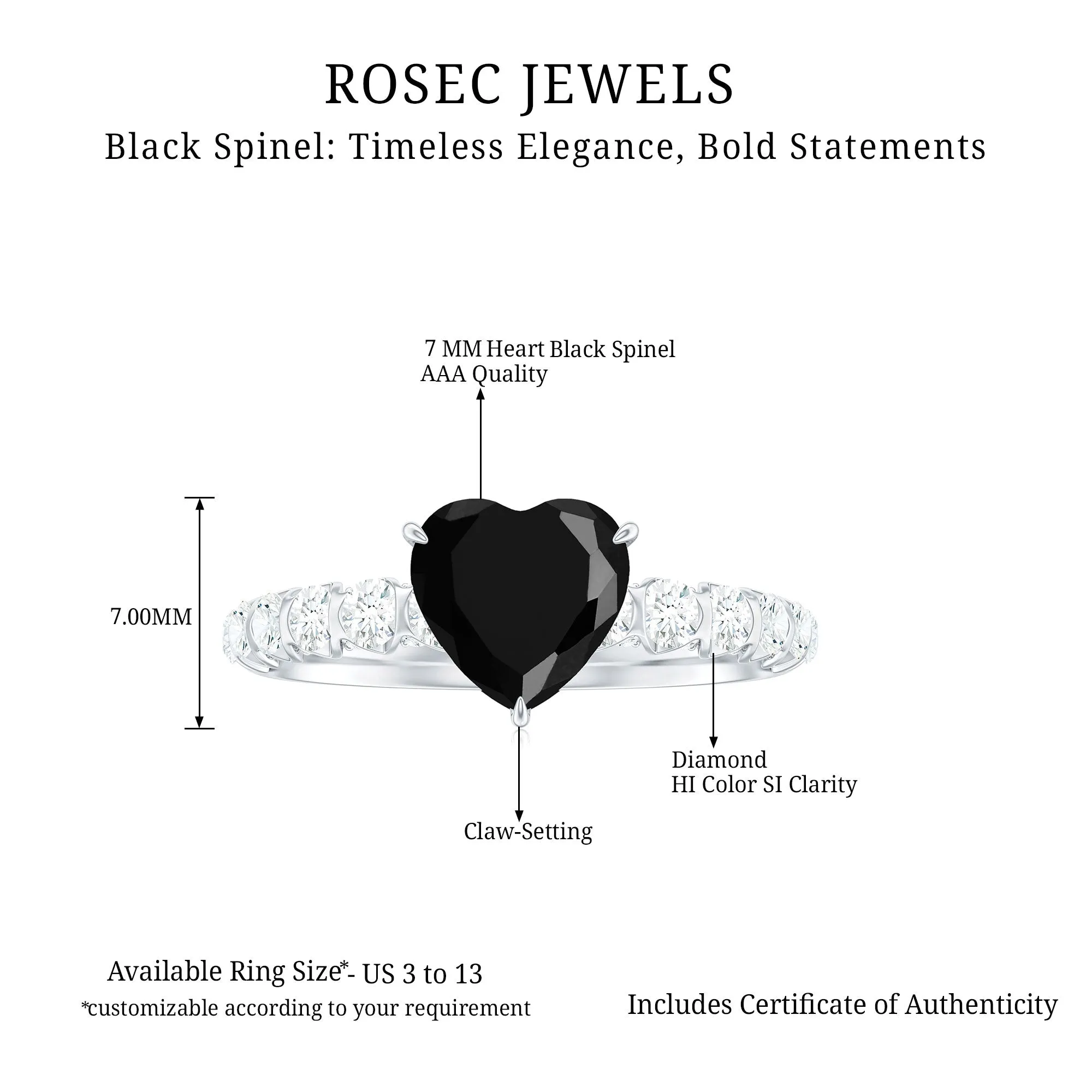 Heart Shape Black Spinel Solitaire Engagement Ring with Diamond