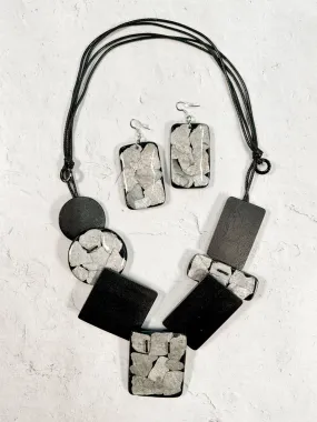 Inlay Resin Shapes Necklace & Earrings Set, Black/Silver