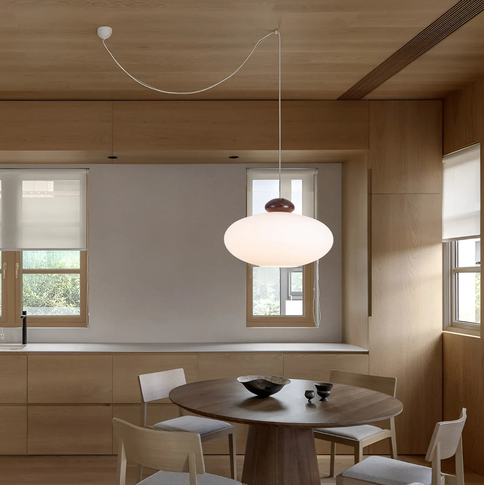 KAREN Modern Glass Pendant Light Timber Oak Natural Wood E27 base