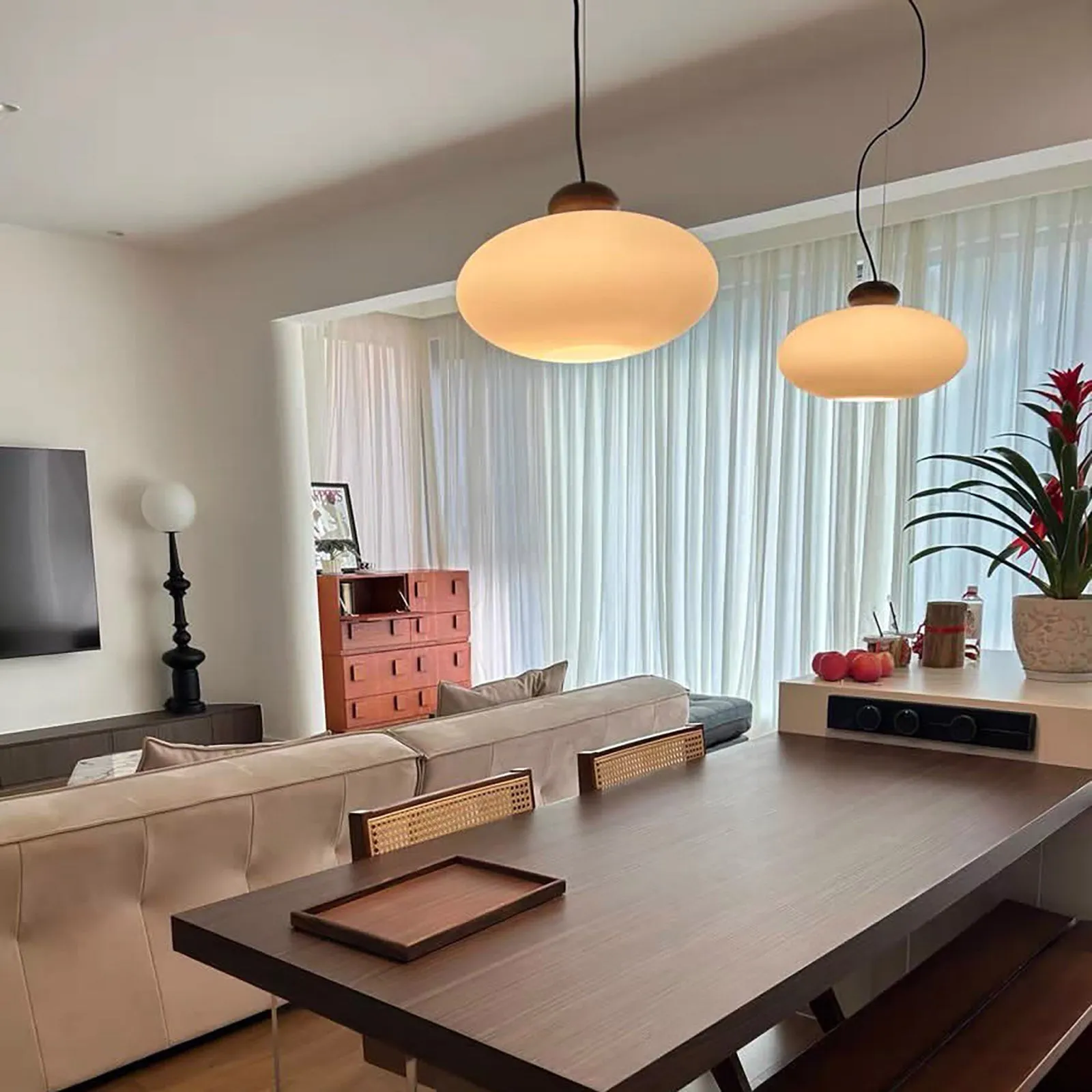 KAREN Modern Glass Pendant Light Timber Oak Natural Wood E27 base