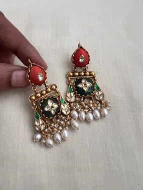 Kundan Inlay Work On Coral With Emerald Stone & Pearls Earrings