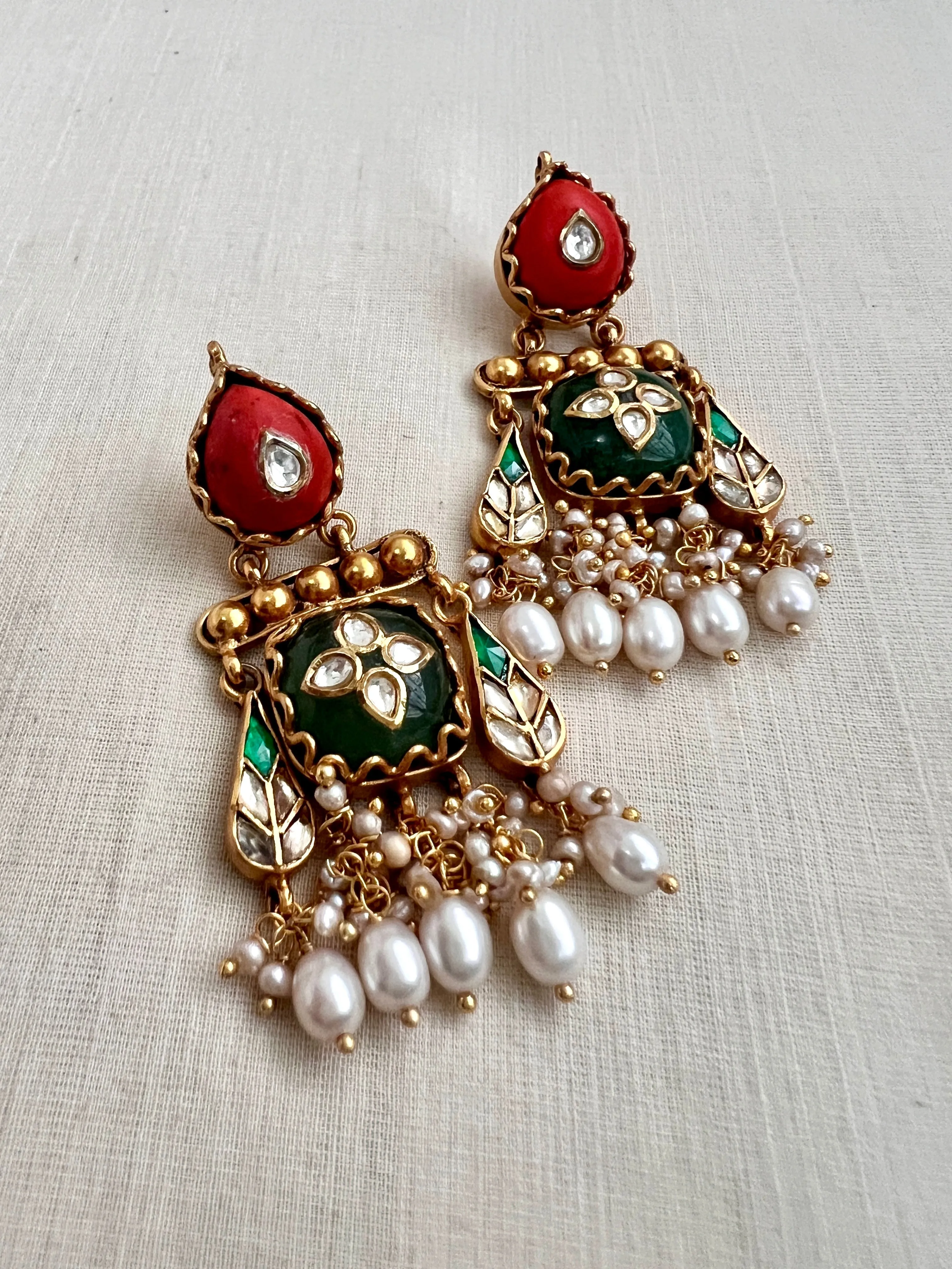 Kundan Inlay Work On Coral With Emerald Stone & Pearls Earrings