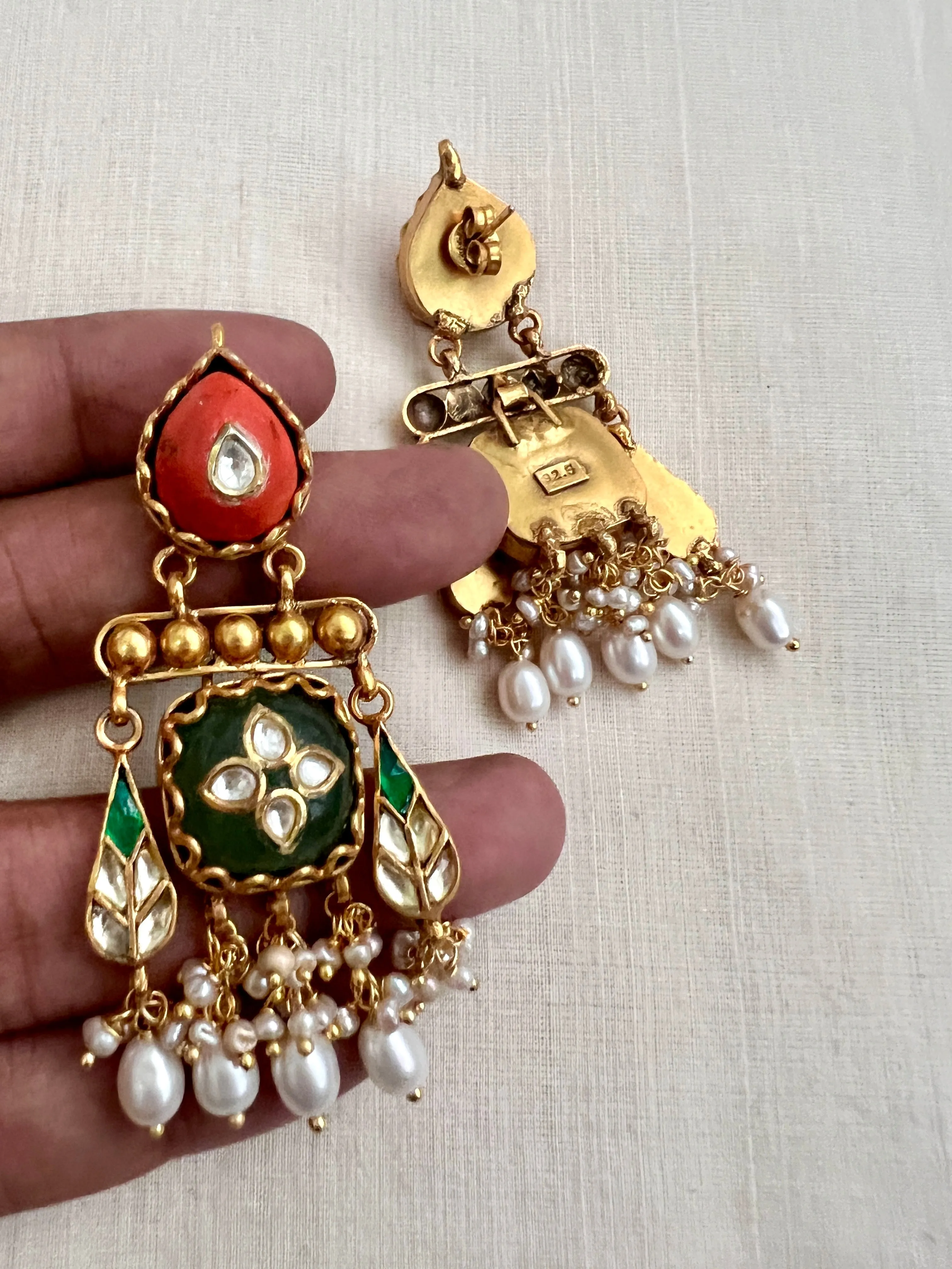 Kundan Inlay Work On Coral With Emerald Stone & Pearls Earrings