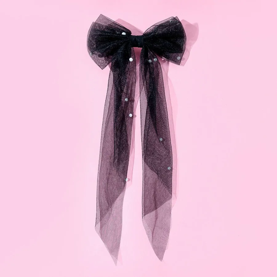 LANFUBEISI New Long  Lady Wedding Girls Spring Clip Hair Accessory for Women White Oversize Bow Hairpin Net Yarn  Bowknot Ribbon Hair Clip