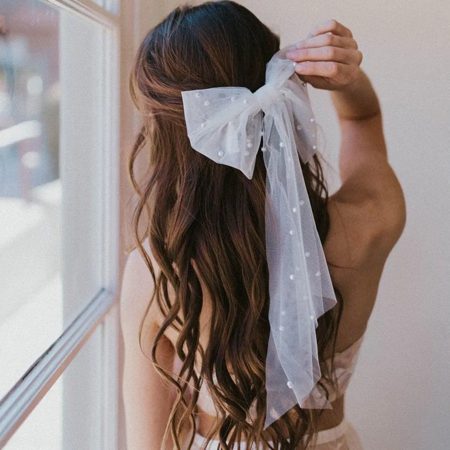 LANFUBEISI New Long  Lady Wedding Girls Spring Clip Hair Accessory for Women White Oversize Bow Hairpin Net Yarn  Bowknot Ribbon Hair Clip