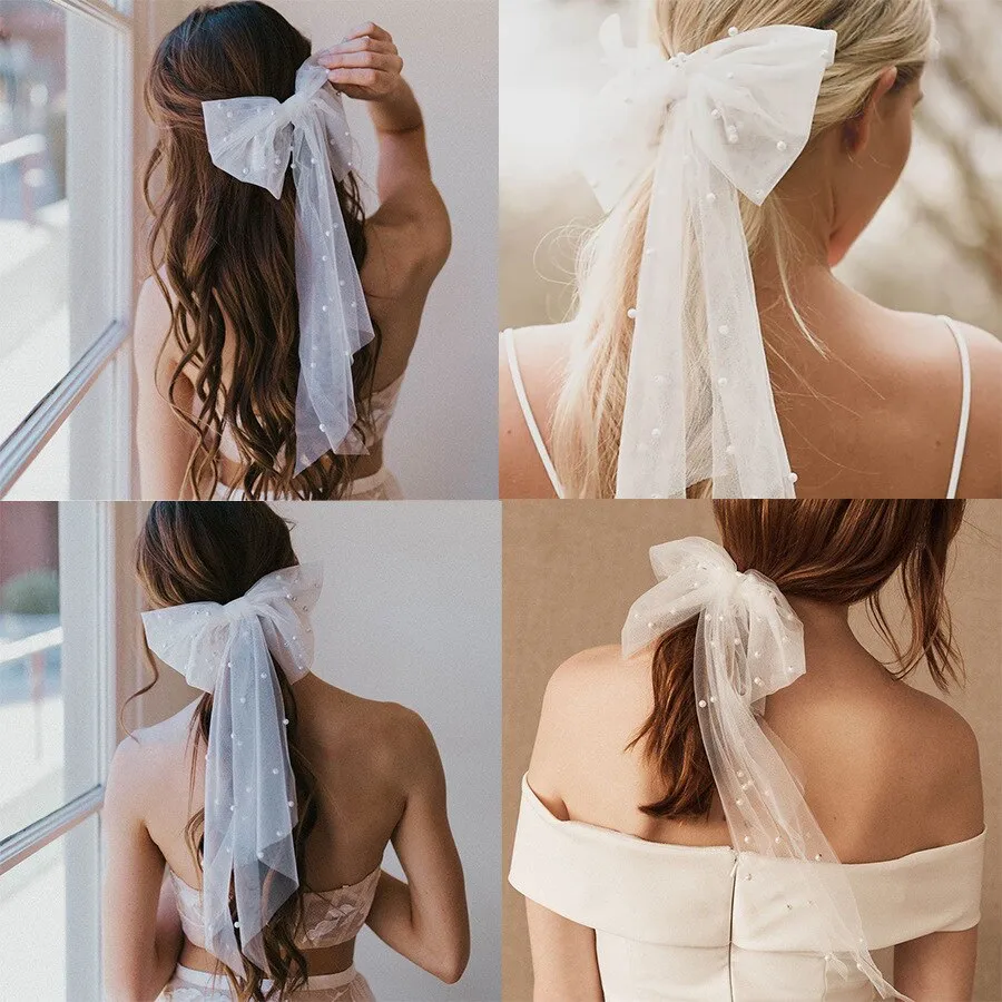 LANFUBEISI New Long  Lady Wedding Girls Spring Clip Hair Accessory for Women White Oversize Bow Hairpin Net Yarn  Bowknot Ribbon Hair Clip