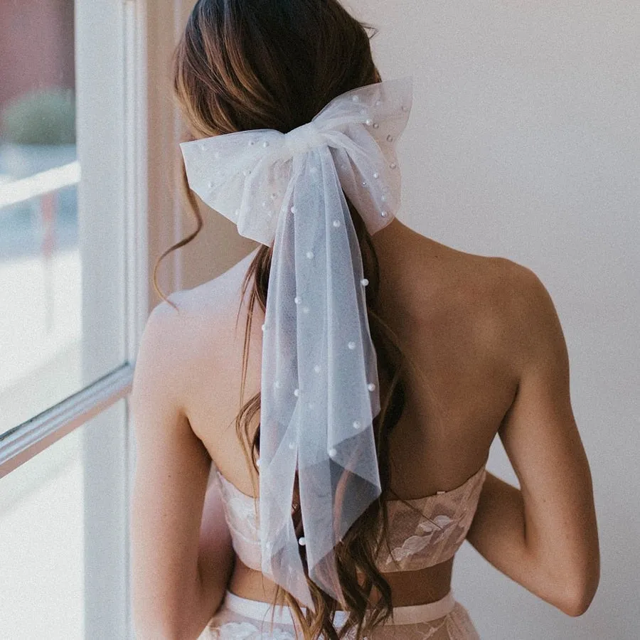 LANFUBEISI New Long  Lady Wedding Girls Spring Clip Hair Accessory for Women White Oversize Bow Hairpin Net Yarn  Bowknot Ribbon Hair Clip